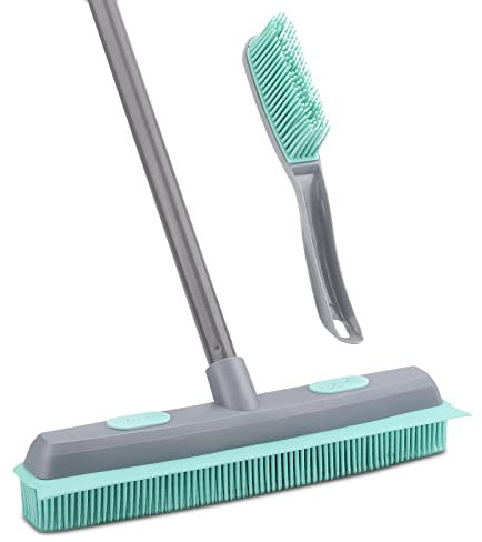 Conliwell Rubber Broom Carpet Rake for Pet Hair, Fur Remover Broom with Squeegee, Portable Detailing Lint Remover Brush, Pet Hair Removal Rubber Broom and Brush for Fluff Carpet, Hardwood Floor