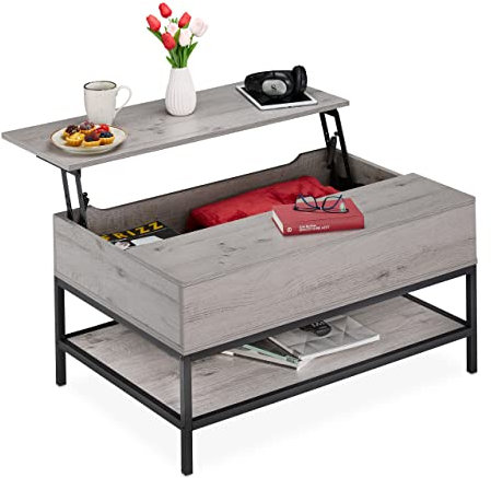 Relaxdays Couchtisch aufklappbar, mit Ablage, Wohnzimmertisch mit Stauraum, Holzoptik, HBT: 45,5x90x60 cm, grau/schwarz