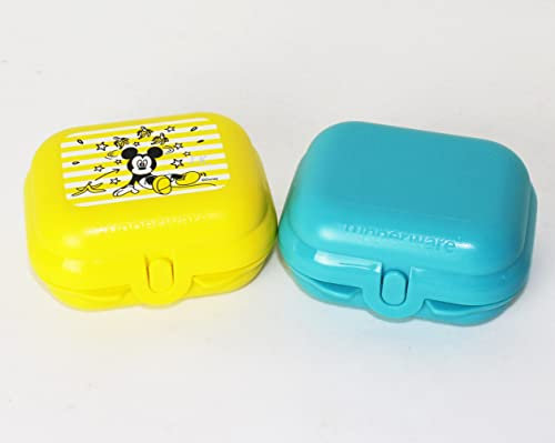 TUPPERWARE Twin 2X Gr. 1 Micky Maus Gelb + Türkis Uni Brotdose Snackbox Lunchbox + Kugelschreiber Touchpen metallicblau