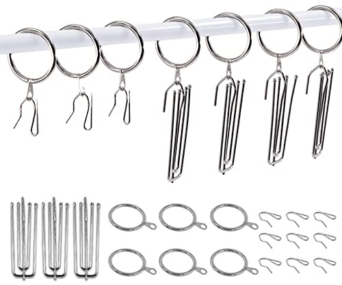 Swpeet 120 anillas de cortina de metal plateadas de 1,18 pulgadas (30 mm) para colgar cortinas y ganchos de pliegue pinzado de acero inoxidable con 4 puntas con alfileres y ganchos pasadores para