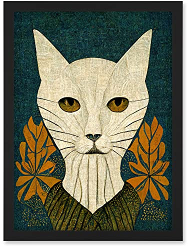 Doppelganger33 LTD Elegant Cat Illustration William Morris Style Teal Mustard Artwork Framed Wall Art Print A4