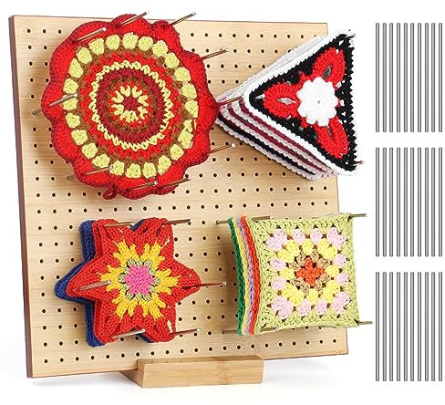 Aeelike 29 cm Granny Square Spanner mit 30 Edelstahl-Stabstiften, Handcrafted Wooden Blocking Board Häkeln, Sperrbrett für Granny Square mit 1 Stand, Superstabil Sperrbrett Häkeln Holz Blockierbrett