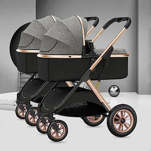 Zwillings-Baby-Kinderwagen, Doppel-Kinderwagen Faltbarer Doppelsitz-Tandem-Kinderwagen Reisewagen Hohe Landschaft Umkehrbar, Große Räder, Abnehmbare 2 Einzelkinderwagen (Color : Grey)