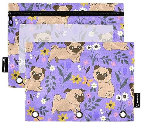 Mops Blumen Lila Modern 3 Ring Ordner Federmäppchen 2 stücke Datei Ordner für Büro Prüfung Reißverschluss Schreibwaren Tasche