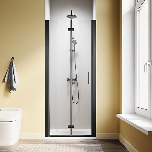 Sunny Porte de douche à deux volets en verre transparent, 76,2 x 182,9 cm (l x H), porte de douche pivotante en verre transparent, facile à nettoyer, noir mat (76,2 x 182,9 cm, porte pliante noir mat)