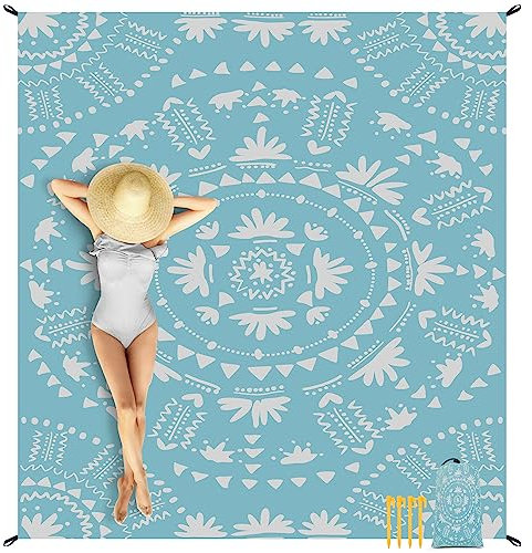 Jopee 200 x 220cm Stranddecke, Sandfrei Wasserdicht Strandmatte für 1-4 Personen, Leicht und Tragbar Picknickdecke, Outdoor Camping Decke mit 4 Heringen für Strand, Wandern, Reisen - Blaue Blüte