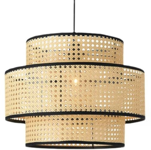 GUANSHAN Handgemachte Drei-Schicht Rattan gewebte Pendelleuchte Zen Stil Pendelleuchte Kreative Hängeleuchte Personalisierte dekorative Kronleuchter für Wohnzimmer, Esszimmer