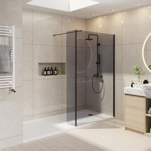 NRG 1400mm Walk in Shower Enclosure Wet Room Shower Screen Panels 8mm Smoked Easy Clean Glass with 215mm Return Panel