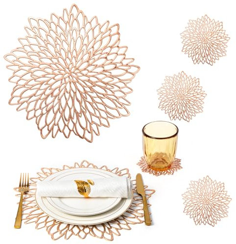 Table Placemats Set of 4 Place Mats Charger Plates Rose Gold Round Placemats & 4 Pcs Coasters Modern Christmas Holiday Washable Vinyl Placemats Farmhouse Kitchen Wedding Dining Table Setting Decor