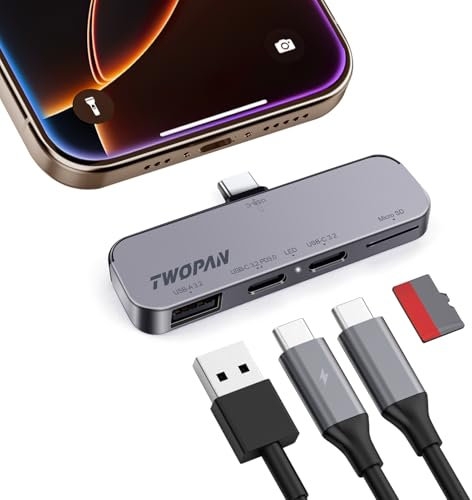 TWOPAN USB C iPhone Hub for ProRes Video Recording - Ultra-Slim Aluminum USB 3.2, Dual USB-C, Micro SD, and Charging Port Hub for iPhone 16/15 Pro/Pro Max