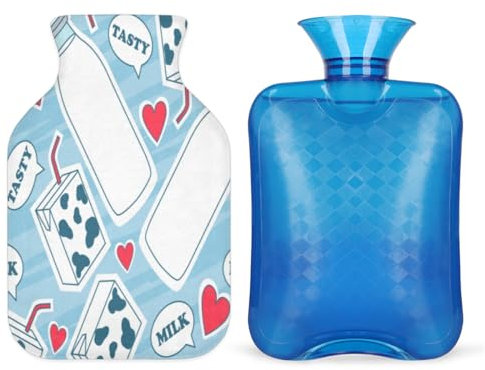 Milk Love Heart Hot Water Bottle with Soft Cover 1L Hot Water Bag for Hot and Cold Compress, Hand Feet and Bed Warmer, Menstrual Cramps, Neck and Shoulder Pain Relief