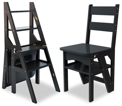 Taburete Plegable con escalón, Silla de Escalera Convertible de diseño 2 en 1, Taburete multifunción y Estante de Almacenamiento, escaleras Plegables de Madera Maciza para Cocina casera, Biblioteca