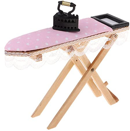 Dollhouse Laundry Room Furniture Miniature Set Pink Lace Ironing Board and Iron, 1/12 Scale Wooden Table Model for Doll House Decor Kit