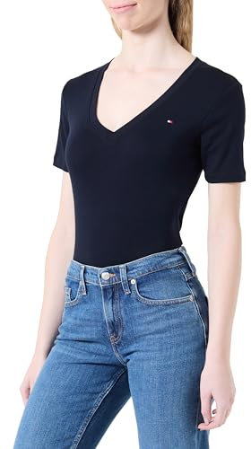 Tommy Hilfiger Camiseta de Manga Corta para Mujer New Slim Cody V-Neck con Cuello de Pico, Azul (Nos Desert Sky), XS