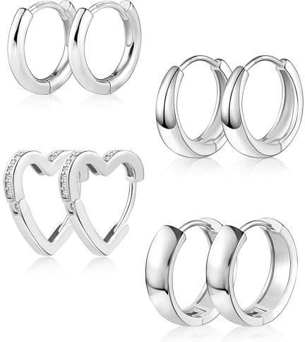 ALEXCRAFT Silber 925 Ohrringe Creolen Set - 4 Paar Kleine Damen Multipack, Oval Eckig Breit Kreolen Herz Huggie Knorpel Ohrringe