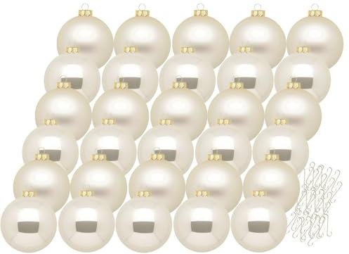 Inge Glas Weihnachtskugeln mit Haken | Schöne Christbaumkugeln aus Glas | Set 30 Kugeln und 40 Aufhänger | Christbaumschmuck Weihnachtsbaumkugeln (Champagne | beige)