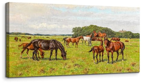 MHARTK66 Vorstädtische Wiesenlandschaft Leinwand Bilder, 50x100 cm Groß Wandbilder Wohnzimmer Pferde Bild Aesthetic, Modern Tier Wanddeko Kunstdruck Schlafzimmer Badezimmer Büro Esszimmer Küche