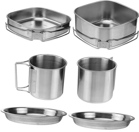 OKUMEYR Cuisine de Camping Acier Inoxydable Casseroles Poêle Assiettes et Tasses pour Personnes pour Randonnée et Barbecue