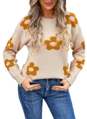 HEYPORK Damen Herbst Winter Warm Bequem Pullover Casual Mode Strickjacke Strickpullover Frauen Blume Personalisierte Pullover(Aprikose-1, M)