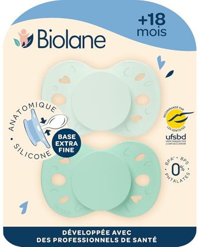 BIOLANE - Anatomisch geformter Sauger - extra dünner Schnuller ab 18 Monaten - zweifarbig grün - flacher und wendbarer Nippel - optimaler Komfort - Respekt für die Mundentwicklung