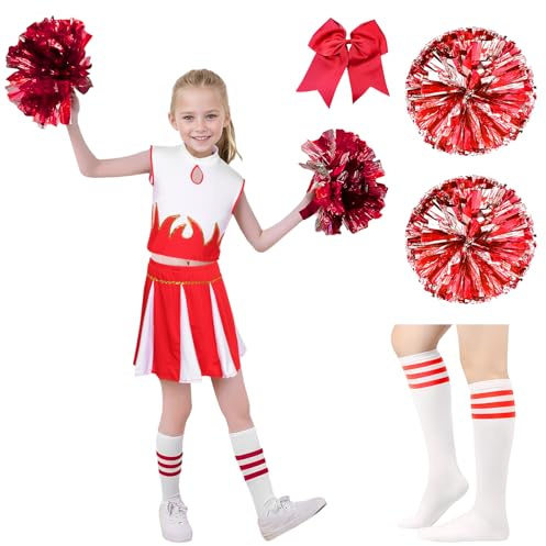 HarnyLoom Cheerleader Kostüm Kinder Mädchen Cheerleading Outfit Pompoms Uniform High School Musical Kostüm Kleid Socken Schleife Karneval Partys Cosplay Faschingskostüme Mottoparty (Rot, 160)