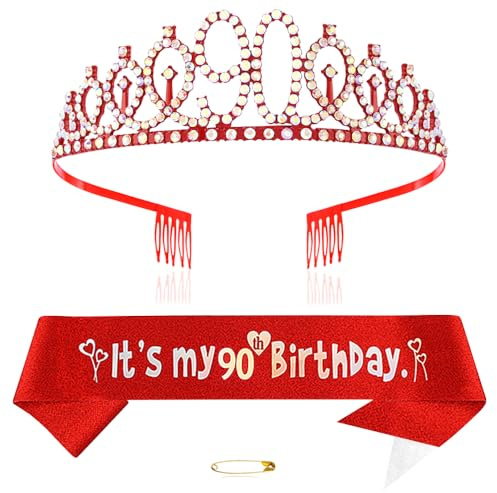 Rot 90th Geburtstags Krone und Schärpe Mädchen 90. Geburtstag Deko Strass Geburtstag Tiara Prinzessin Krone Queen Tiara Geburtstagsschärpe Girls 90 Geburtstag Dekoration Party Kleidung Zubehör