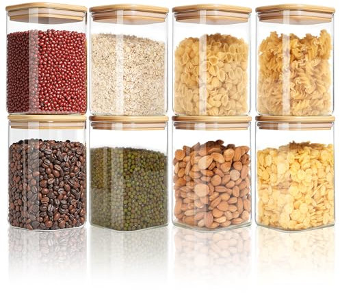 FoiiLiio Bocaux en Verre Lot de 8 Bocaux en Verre Hermétique 500ml Pot en Verre avec Couvercle Bambou, pour Céréales, Cornflakes, Haricots