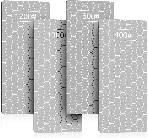 Pierres à Aiguiser, Affutage Diamant Couteaux, Grain 400/600/1000/1200, Surface Nid d'Abeille, Aiguiseurs de Couteaux a Affuteur avec Base Antidérapante Pour Cuisine Extérieur, 4 Pièces