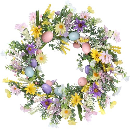 Sggvecsy 50,8 cm Osterkranz, Frühlingskranz, künstlicher Blumenkranz mit bunten Eiern, Gänseblümchen, Lavendel, Eukalyptusblättern, für Haustür, Ostern, Sommer, Bauernhaus, Urlaub, Wand, Zuhause,