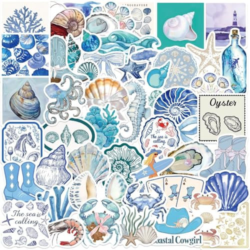 50 Stück Blue Sea Creature Aufkleber, Cute Shell Shark Shell Coral Sticker Pack für Gitarre Skateboard Laptop Gepäck