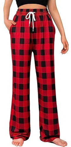 Pantalon de pyjama confortable à carreaux pour femme - Pantalon de nuit extensible avec poches à cordon de serrage, Rouge, L