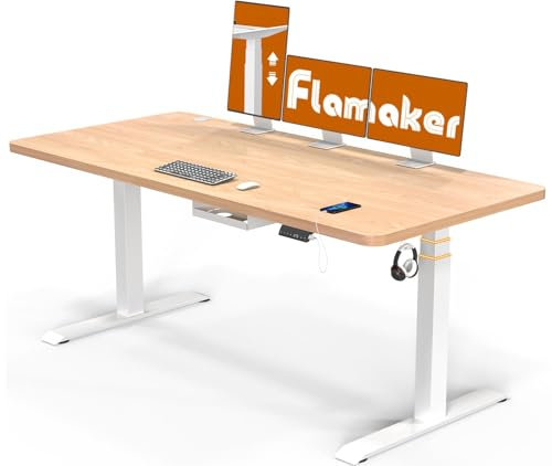 Flamaker Schreibtisch Höhenverstellbar Elektrisch 140 x 70 Höhenverstellbarer Schreibtisch Tischgestell 74-133cm mit Ganze Teleskop, Memory-Steuerung, USB-Buchse, Rollen, Häkche (Beige+Weiß)