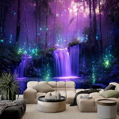 Fantasievoller Leuchtender Zauberwald Fototapete 400 x 280 cm (B x H) Vliestapete XXL Panorama Wandbild für Mädchen & Jungs Schlafzimmer Wanddekoration mit 3D Effekt, Lila