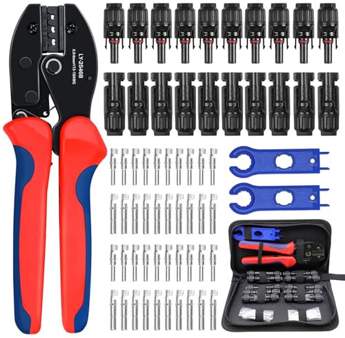 Herbst Juego de crimpadora solar para cable fotovoltaico de 2,5/4/6 mm², 20 pares de conectores de cable, 10 pares de conectores macho/hembra, 1 crimpadora, 2 conectores solares para sistema solar