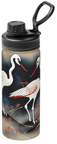 Bouilloire isolée en acier inoxydable avec deux grues japonaises volantes - Peinture traditionnelle - 532 ml