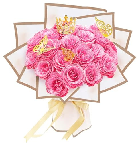 Chingcoo Glitzer-Rosenstrauß, Valentinstag, künstliche Rosensträuße, 24 Stück DIY künstliche Glitzer-Blumensträuße mit Krone für Geschenke Hochzeit Jubiläum Verlobung Geburtstag