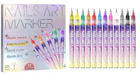12 Farben 3D Nagellack Stift Set,Schnelltrocknende DIY Nagelkunststift Damen Mädchen Silvester Deko 2026,Nails Art Marker Doodle Stift Zeichnen Liner Punktieren,Für Zuhause Salon (A 1 Satz)