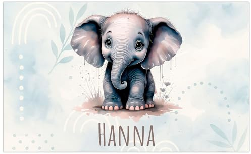 timalo Kinder Poster personalisiert mit Namen | 61 x 43 cm Elefant | Bild für die Wand Kinderzimmer Süße Tiere Boho Aquarell Jungen und Mädchen Zimmer Wandbild