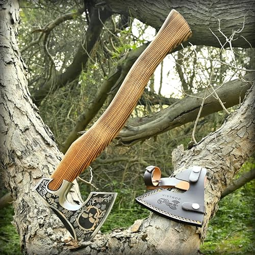 Vistrop Wikinger Axt aus Kohlenstoffstahl mit Schädel-Gravur, handgefertigte Outdoor-Axt mit Eschenholzgriff für Camping, Bushcraft und Holzarbeiten