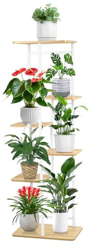 Kotsy Estantería para Plantas de 6 Niveles, 106cm de Altura Estantería Flores Metal Interior Exterior, Macetero de Esquina con Tablas de Madera, Estantería Multiusos para Jardín, Balcón, Terraza