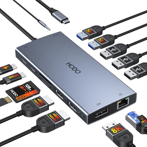HODO Station d'accueil pour ordinateur portable 2 moniteurs, station | Hub USB C 15 en 1 avec deux HDMI, DisplayPort 8K, Ethernet, PD, 5USB, USB C, fente pour carte SD TF, audio et bouton marche