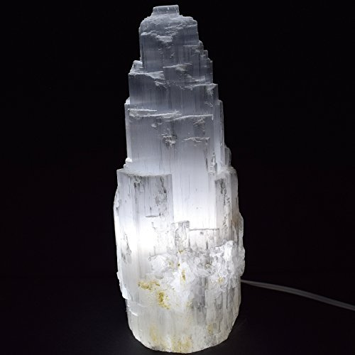 Enorme lámpara de selenita satinada de 3,7 kg y 29,2 cm, cristal natural, torre única, decoración de montaña, piedra mineral con cable y bombilla LED, Marruecos