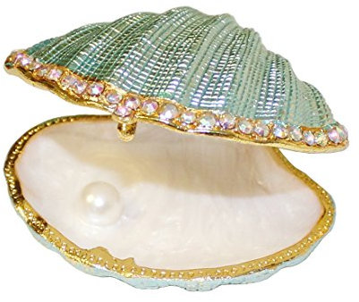 MICG – Schmuckschatulle in Form einer Muschel mit Perle im Inneren, Vintage-Stil, aus Metall, mit Scharnier, Halter für Eheringe White Inside Big