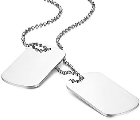 Flongo Pendente ciondolo personalizzato incisione acciaio inossidabile collana militare, Collana da uomo personalizzata, Ciondolo doppio dog tag, Argenteo 60cm