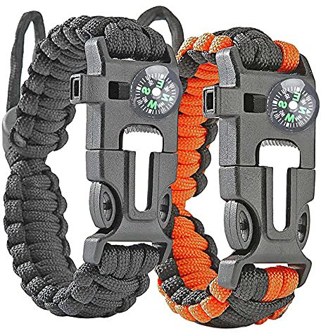 Konesky Survival Bracelet, 5 en 1 Paracord Bracelets Kit Emergency Pulsera Supervivencia 2 Pack con brújula Whistle Fire Starter para Hombres Mujeres Niños para Caminar, Acampar, Viajar