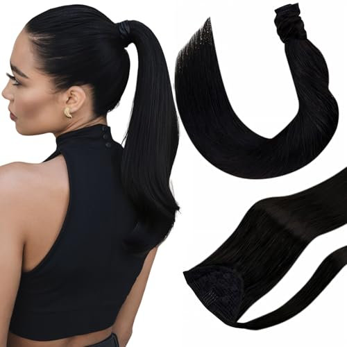 Hetto Ponytail Extension Echthaar Schwarz Zopf Extension Echthaar 50 cm mit Clip Natürliches Schwarz Gerade Remy Vollkopf Natürliche Invisible Haarverlängerung 80g #1