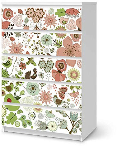 Möbeltattoo passend für IKEA Malm Kommode 6 Schubladen (hoch) I Möbeldekoration - Möbel-Aufkleber Folie Tattoo I Deko DIY für Schlafzimmer, Wohnzimmer - Design: Flower Pattern