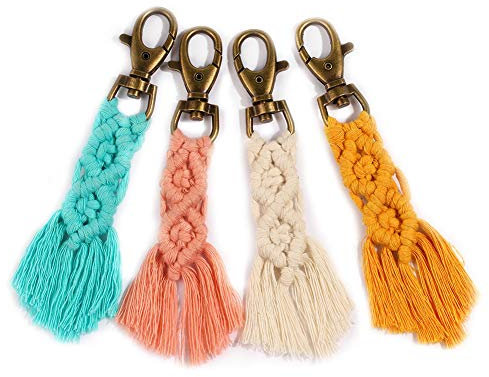 4 Stück Mini-Makramee-Schlüsselanhänger Boho-Makramee-Taschenanhänger mit Quasten, handgefertigtes Zubehör für Autoschlüssel, Geldbörse, Handy-Geldbörse, einzigartiges Geschenk, Partyzubehör