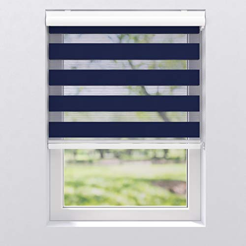 Doppelrollo Sonnenschutz Fenster Tür Innen, 130 x 175 cm Blau gestreift | Stoff transparent & blickdicht aus Polyester / Metallhalter für Wand- & Deckenmontage / mit 28 mm Welle, Kettenzug & Kassette