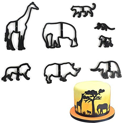 PiniceCore Cookie Cutter 8pcs Animal en Plastique éléphant Girafe Leopard Fondant Cutter Safari Silhouette gâteau Moule gâteau Outils de décoration